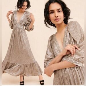 Saltwater Luxe Women Dress Large Wren Sequin Plunge Maxi Gold  size Medium